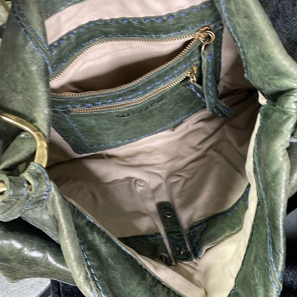 49 Square Miles Leather Hobo bag in green with purple stitching. - Picture 5 of 10